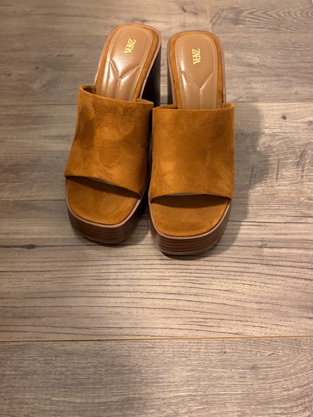 Zara Suede Platform Slide Sandals in Cognac Brown